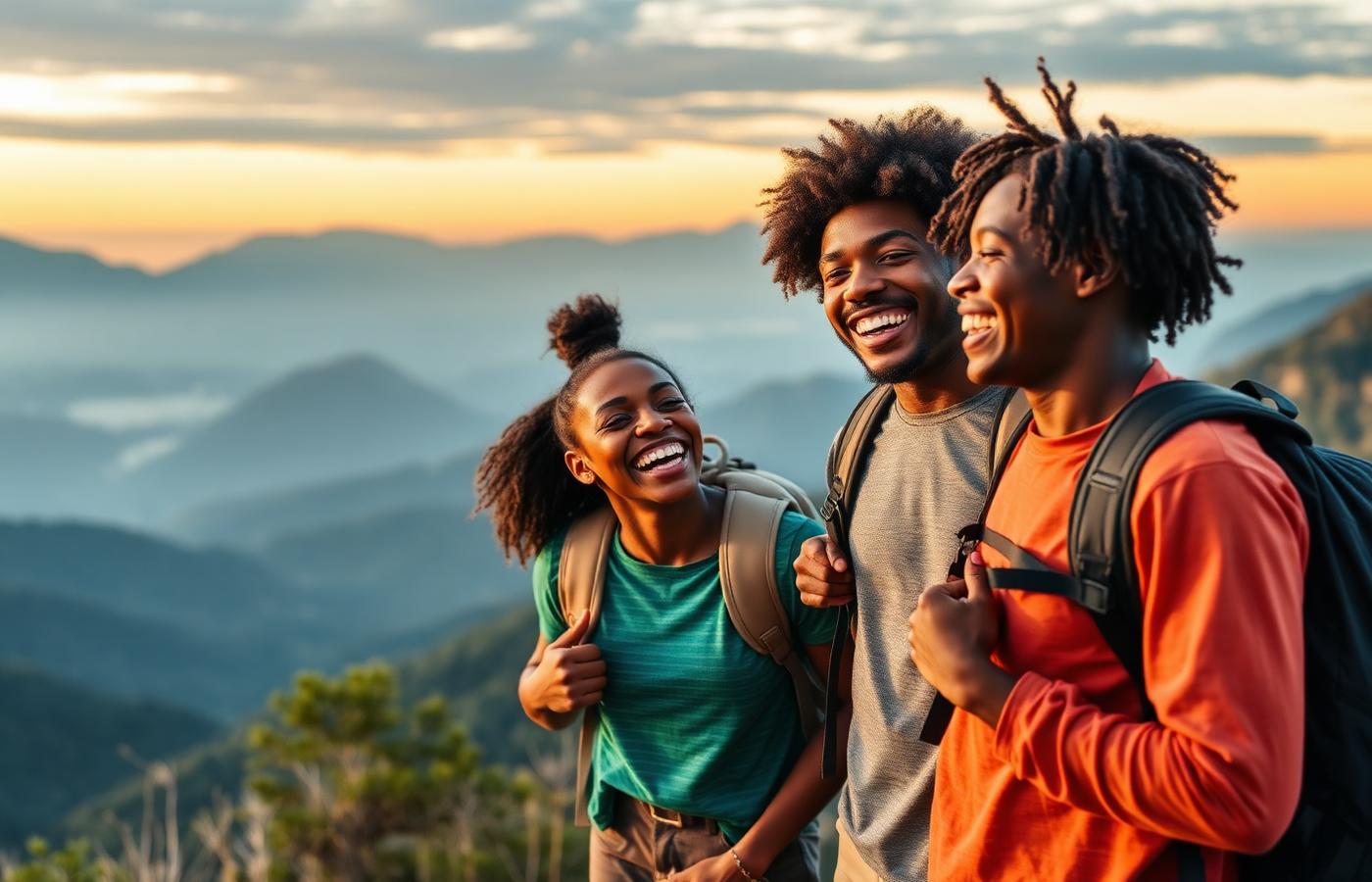 Friends laughing together while travelling